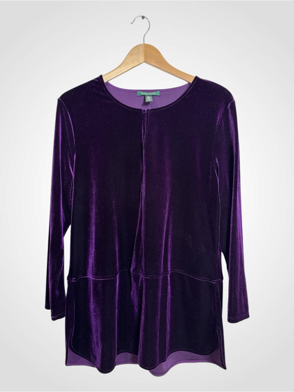 WSH121 {Ralph Lauren} Purple Velvet Velour Long Sleeve Peplum Shirt Top Blouse